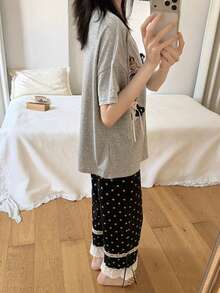 2pcs/Set Women's Pajamas Loungewear Set, Cute Animal Pattern Crew Neck Short Sleeve Polka Dot Print Cropped Pants Comfortable Home Style - Grey - View 3