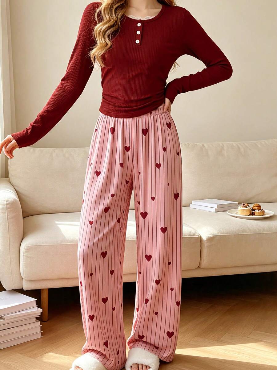 Spring/Autumn Girls Casual Burgundy Ribbed Long Sleeve Top + Heart Vertical Ribbed Pants Pajama Set, Lace Collar, Soft Fabric, Home Leisure Wear - Burgundy - View 1