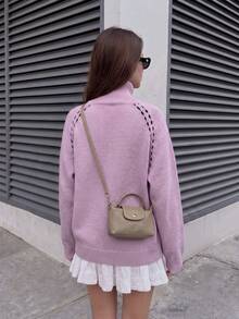 Women's Autumn/Winter New French Style Stand Collar Half-Button Stand Collar Knitted Sweater, Contrast Color Piping Raglan Sleeve Loose Pullover - Pink - View 2