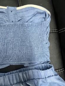 2件組女款無肩帶牛仔風面料鈕扣裝飾百褶優雅上衣與長褲休閒套裝，適合度假、約會、下午茶、海灘、郵輪、城市旅行、島嶼度假村、音樂節、波希米亞風假期等，夏季度假穿搭 - 藍色 - 查看 7