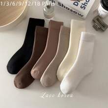 1/3/6/9/12/18 Pairs Random Women's Solid Color Thick Warm Casual Versatile Terry Mid-Calf Socks - Multicolor - View 10
