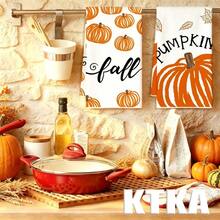 2Pcs Thanksgiving Fall Pumpkin Print Kitchen Towels, Maple Leaf Letter Pattern Dish Cloth, Seasonal Holiday Kitchen Decor Hand Towels - Coral Orange - View 8
