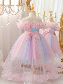Iridescent Gradient Tween Girl Flower Girl Long Dress, Off-Shoulder 3D Ruffle Princess Gown With Front Slit, High Waist Satin Bow Colorblock Fluffy Tulle Skirt For Girls Wedding, Baptism, Party, Performance - Baby Pink - View 4