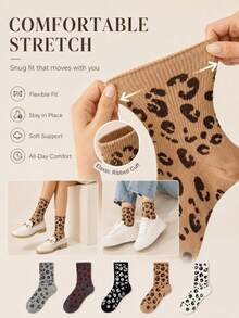4 Pairs Women's Fashion Leopard Print Mid-Calf Socks, Breathable And Comfortable, Christmas Gift, Random Color, Suitable For Daily Wear And Outings, All Seasons - Multicolor - View 5