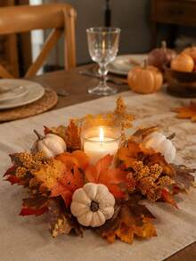 1pc Fall Candle Ring Wreath, Autumn Pumpkin Maple Leaf Table Centerpiece, Farmhouse Rustic Candle Holder Garland, Thanksgiving Dining Table Coffee Table Kitchen Cabinet Decoration, Seasonal Home Decor Gift - Multiple Styles - View 6