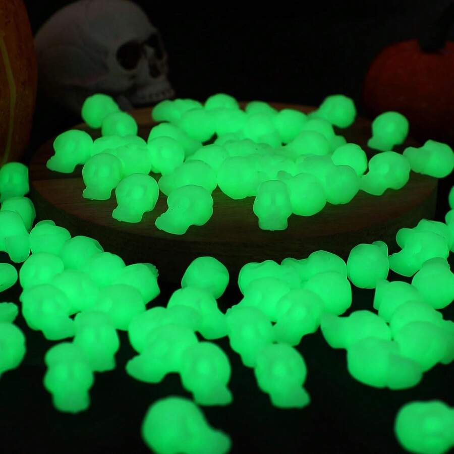 2/10/15pcs Fluorescent Glow Mini Skull Figurines, Plastic Halloween Decorations, DIY Handmade Home Prank Props, Party Favors - Multicolor - View 1