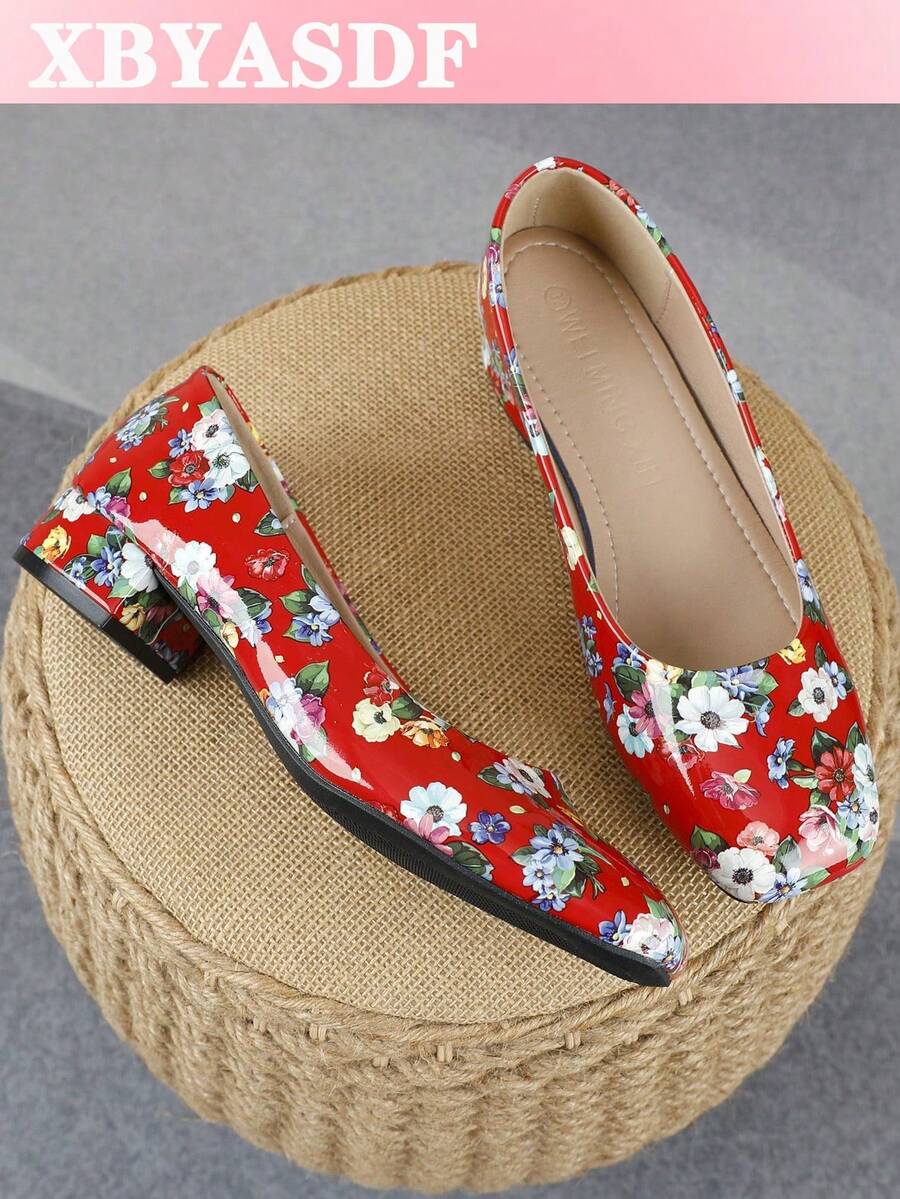 XBYASDF Women's Red Floral Square Toe Chunky Heel Pumps, Glossy Low Vamp Slip-On Low Heel 3cm High Heel Shoes, Versatile For Commuting And Dating - Red - View 1
