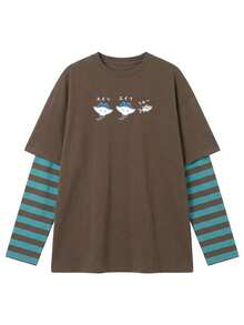 JUTU Autumn/Winter Round Neck Loose Cartoon Fish Print Striped 2-In-1 Long Sleeve Women's T-Shirt Japanese Commute Campus Style Casual Top - Brown - View 5