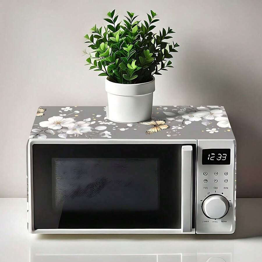 2D Flat Decorative Microwave Cover - Butterfly, Flower & Leaf Pattern Design, For Dust Protection, Modern Kitchen Appliance Protection And Home Decor - Grey - View 1