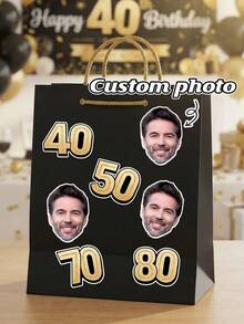 12/20/40pc Custom Photo Age Number Face Stickers, Personalized Head Cutout Decals, Gold Number Custom Stickers For Men Birthday Party, 40th 50th 70th 80th Adult Milestone Birthday Party Decor Supplies,Wine Glass & Gift Box Sticker - Multicolor - View 2