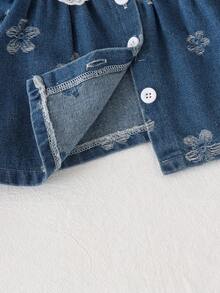 2pcs Baby Girl Vintage Jacquard Lace Peter Pan Collar Long Sleeve Denim Cardigan & Pants Set, Mid-Weight For Spring/Autumn - Dark Wash - View 4