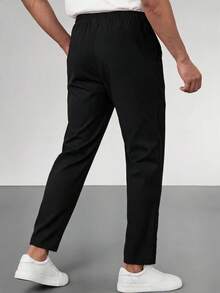 Men's Elastic Drawstring Waist Straight Leg Casual Pants With Side Zipper Pockets, Minimalist Solid Color, Everyday Casual Commute Sports Long Pants - Black - View 2