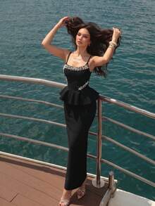 European And American New Sexy Glossy Pearl Decor Tie-Up Backless Ruffle Hem Fitted Dress Party Evening Gown - Black - View 3