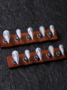 10 pièces/set Faux ongles à coller faits main en forme de griffe de dragon, patte de chat et griffe de bête, style Y2K, base blanc laiteux peinte à la main avec lignes argentées peintes à la main et éléments d'étoiles pailletées, comprend 1 pièce de colle gelée et 1 pièce de lime à ongles, convient pour l'art des ongles quotidien et de fête - Blanc - Voir 4