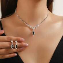1 Set Zirconia Tassel Necklace & Earrings 2pcs Set, Women's Bridal Wedding Dress Accessories - Black - View 3