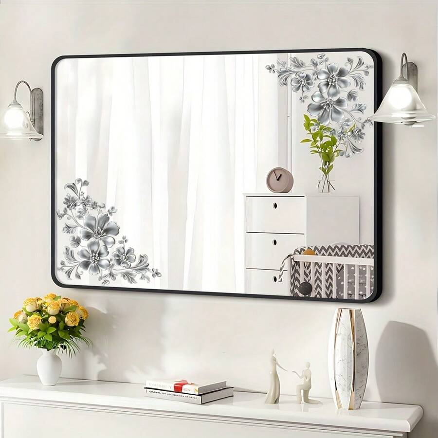 1pc Luxury Silver Floral Mirror Sticker, Home Mirror Decorative Decal, Floral Style Wall Sticker, Self-Adhesive Easy-Peel, High-End Space Atmosphere Decor - Multicolor - View 1