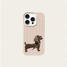 1pc TPU Material Pink Striped Fashionable Dachshund Pattern Phone Case Compatible With IPhone 17 Pro Max/17/16 Pro Max/15/13/12/11/ S20 FE/A15/S24/A55/ Note 11/Note 12/Note 13 Pro Full Coverage Anti-Drop Soft Shell Phone Protective Cover - White - View 5