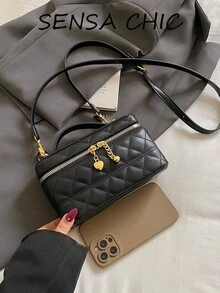Vintage Elegant Quilted Diamond Pattern Soft Leather Box-Shaped Handbag Crossbody Bag With Exquisite Gold Hardware Double Zipper Storage Mini Versatile Women's Small Bag For Daily Outings - Black - View 3