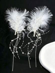 2pcs Women's Ethereal White Feather Butterfly Hair Clips, Long Pearl Tassel Side Clips, Bridal Hanfu Accessories - Multicolor - View 7