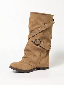 Camel Strap Buckle Detachable Leg Boots Slip-On Chunky Low Heel Round Toe Elegant Versatile Comfortable Vacation Commute Daily Fashion Mid-Calf Boots Women's - Camel - View 4