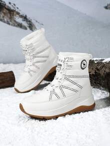 女款耐磨加厚保暖戶外雪地靴，舒適素色高筒登山靴 - 白色 - 查看 3