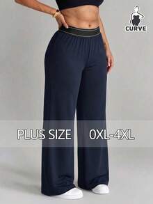 Plus Size Women's Casual Woven Straight Leg Pants, Elastic Waist Design, Medium Stretch Comfortable, Suitable For Daily Wear - Navy Blue - View 2