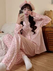 Women's 2-Piece Pink Leopard Print Pajama Set, Cardigan Button Long Sleeve & Long Pants, Wearable Loungewear, Autumn/Winter - Pink - View 7