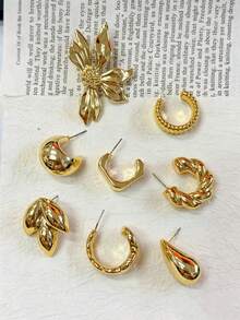 1 Pair - 9 Pairs Leaf, Water Drop, Square Earrings With Textured Stripes, Flower Asymmetrical Exaggerated Earrings Set, Resin Material, Suitable For Daily Wear. - Yellow Gold - View 6