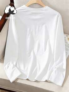 Versatile Plus Size Black Loose Fit T-Shirt, Regular Length Knit Crew Neck Top, Casual Wear - White - View 3