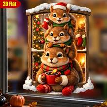 1pc Winter Snowy Window Sill Squirrel Glass Sticker, Warm Light Christmas Tree & Hot Drink Small Animal Set, Home Floor Window & Shop Gentle Christmas Glue-Free Decorative Sticker - Multicolor - View 5