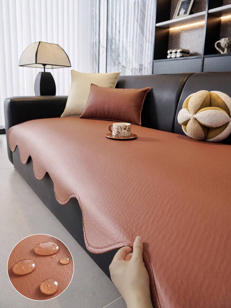 1pc Waterproof Oil-Proof Faux Leather Sofa Cushion Cover, Scalloped Wave Edge Non-Slip Dotted Back Couch Pad, Wipeable Washable Modern Sofa Protector For Living Room, Multi Colors Available