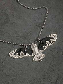 Gothic Bat Wings Moon Necklace, Vampire Bat Necklace, Silver-Plated Framed Witch Necklace - Black - View 4