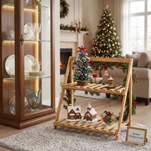 1pc Bamboo Double Layer Folding Storage Rack, Ins Style Desktop Display Stand, Christmas Holiday Decoration Display Shelf, Living Room Desktop Book Cup Storage Rack, Vanity Makeup Aromatherapy Ornament Holder, Multi-Layer Tiered Display Stand, No Assembly Portable Storage Rack, Home Atmosphere Decorative Storage Item - Multicolor - View 2