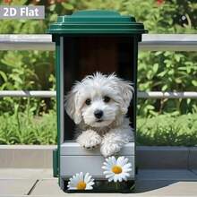 1PC Cute White Puppy Outdoor Trash Can Sticker, 2D Flat Printed Self-Adhesive PVC Garbage Bin Decal, Funny Dog Wheelie Bin Decoration For Yard Garden - A - View 2