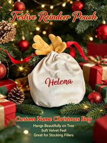 Custom Text Logo Personalized Christmas Reindeer Drawstring Gift Bag, Customized Text Velvet Christmas Gift Bag With Cute Antler Decoration, Reusable Soft Holiday Candy Gift Bag, Suitable For Children's Family Christmas Party Gift Packaging, Christmas Eve Stocking Decoration And Customized Souvenir Gift Storage Bag - Multicolor - View 5