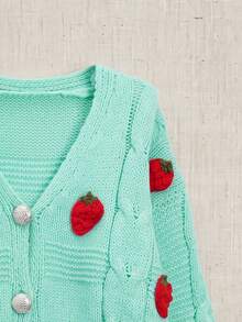 Cute Preppy Cable Knit Cardigan, Strawberry Patchwork V-Neck Shiny Buttons Loose Fit, Suitable For Thanksgiving Campus Outfit - Blue - View 7