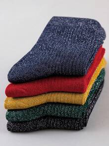 1/5/10 Pairs Men's Macaron Colorblock Gold & Silver Glitter Solid Color Ribbed High Elastic Cuff Anti-Slip Sole Comfortable Versatile Durable Retro Y2K Luxury Slouch Mid-Calf Socks For Outdoor Casual Autumn/Winter - Multicolor - View 3