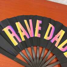 Black Background Colorful English Print Hard Bone Clacker Fan Rave Theme Music Festival Interactive Handheld Prop Foldable Portable Cooling Fan - Multicolor - View 4