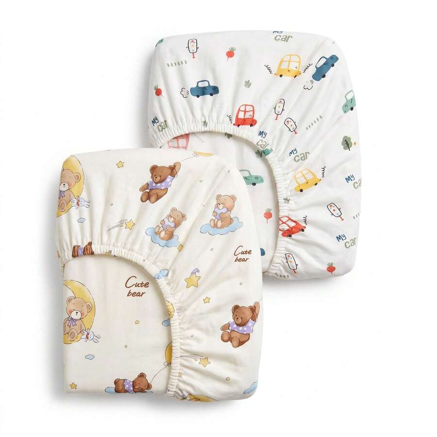 2 Stücke/Set Baby 100% Baumwolle Cartoon Muster Spannbetttuch, atmungsaktiv & feuchtigkeitsableitend Matratzenbezug Bettlaken Set, Ganzjahres-Patchwork Matratzenschutz, mehrere Größen erhältlich - Auto + Mondbär - Übersicht 1