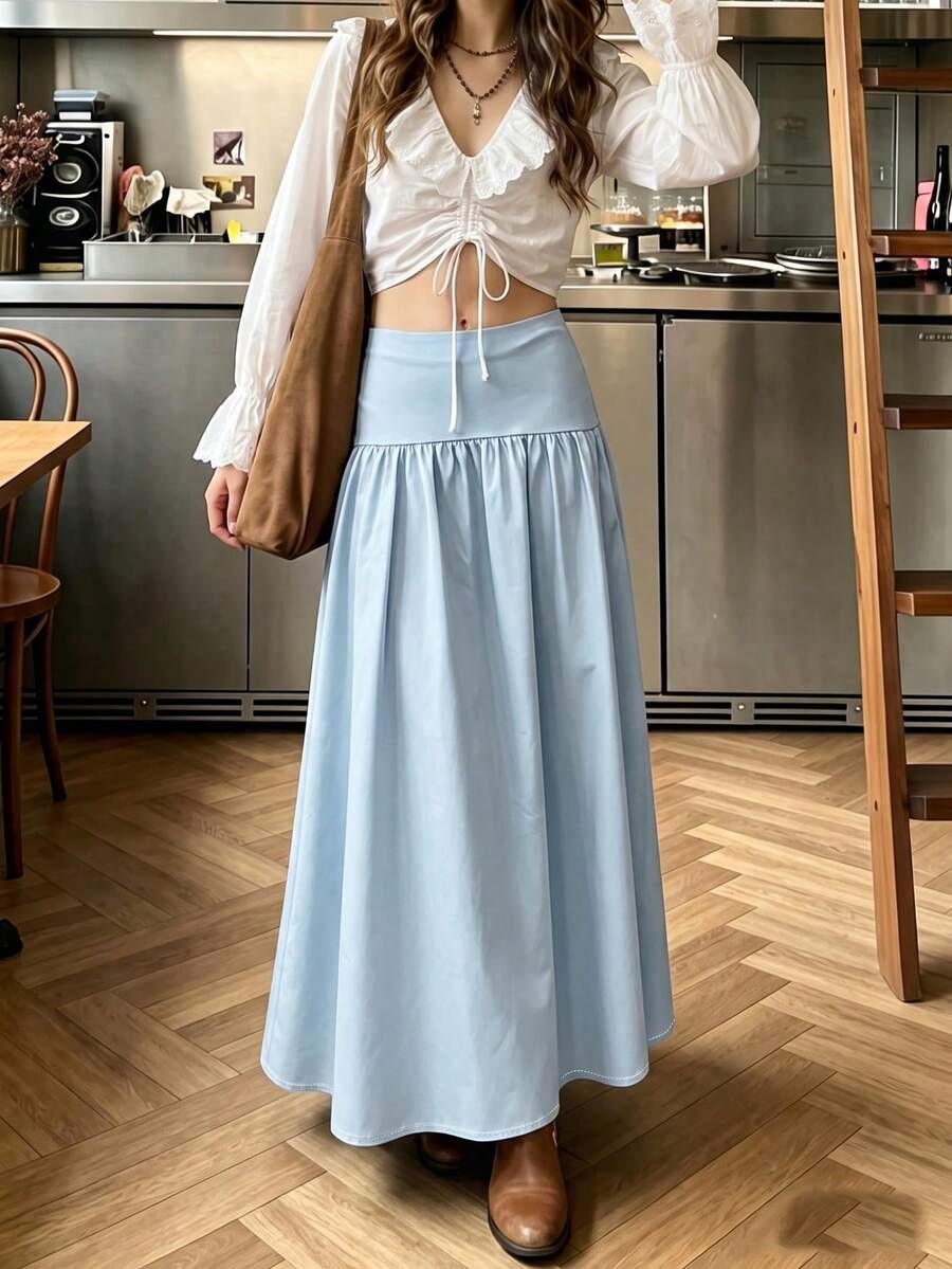女款淺藍色高腰百褶飄逸長裙,優雅休閒老錢風學院風,適合日常、海灘與畢業場合 - 淺色水洗藍 - 查看 1