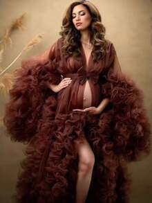 European & American Bridal Wedding Dress, Versatile Sexy Lace-Up Maternity Morning Robe, Bathrobe, Nightgown - Coffee Brown - View 4