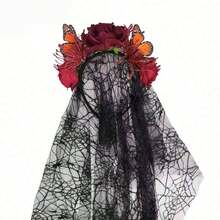 1pc/Set - Halloween Party Headband, Black Lace Mesh Rose Flower Headpiece, Day Of The Dead Dark Style Skull Floral Costume Accessory - View 3