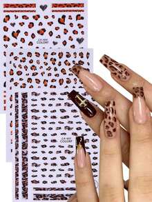 3pcs Leopard Print Nail Stickers, Heart Stripe Pattern Self‑Adhesive Nail Art Decals For DIY Autumn Winter Manicure Decor - Multicolor - View 1