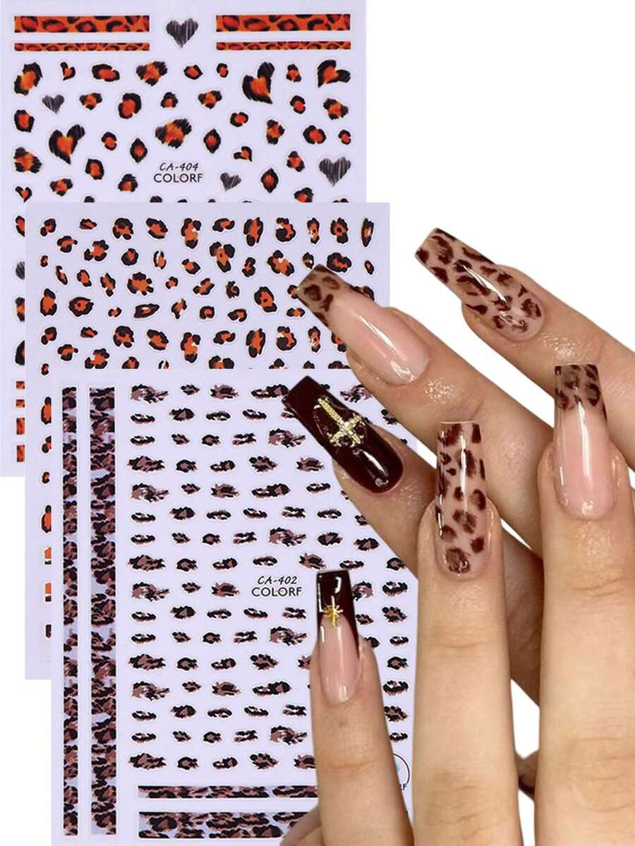 3pcs Leopard Print Nail Stickers, Heart Stripe Pattern Self‑Adhesive Nail Art Decals For DIY Autumn Winter Manicure Decor - Multicolor - View 1