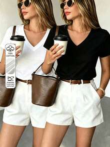 2 Packs Casual Solid-Color V-Neck Loose Short-Sleeve Summer Tops–PureCotton Apparel For DailyWear & Lounging,Halloween Outfits,AndWomen's Fall Clothing - Black + White - View 3