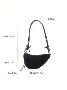 1pc Solid Color Matte Suede Fabric Shoulder Bag Women's Vintage Fashion Crescent Bag With Stitching Patchwork Zipper Closure Suitable For Daily And Street Use - Black - View 10