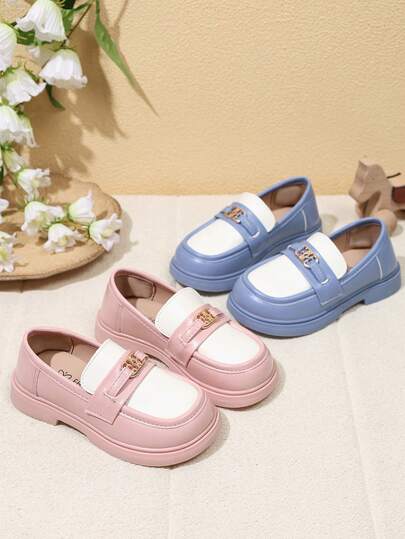 1 Pair Girls' Colorblock Loafers, Soft PU With Hollow Gold Metal Buckle, Round Toe Soft Sole, Sweet Cute Princess Style Shoes, Suitable For Daily School And Holidays, Spring/Autumn New Style