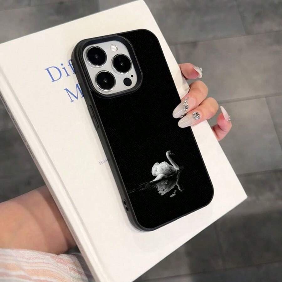 1件個性化天鵝波點圖案美學圖案黑色液態直邊手機殼,適用於 iPhone 16/16Pro/16Plus - 彩色 - 查看 1