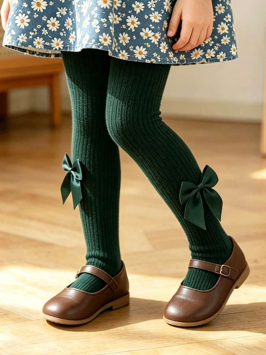 1件裝 綠色貼身女嬰緊身褲，適合節日慶祝，甜美風格日常穿搭，春季、秋季及四季皆宜，1-12歲