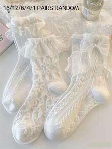 16/12/6/4/1 Pairs Women's Lace Trim Mid-Calf Socks, Preppy Casual Socks, Socks Socks Women Fall Back To School - White - View 1